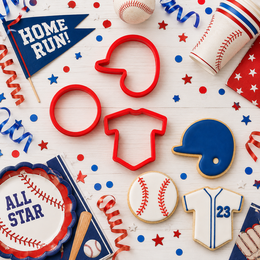 Baseball cookie cutters and baseball shaped cookies with a baseball party backdrop.