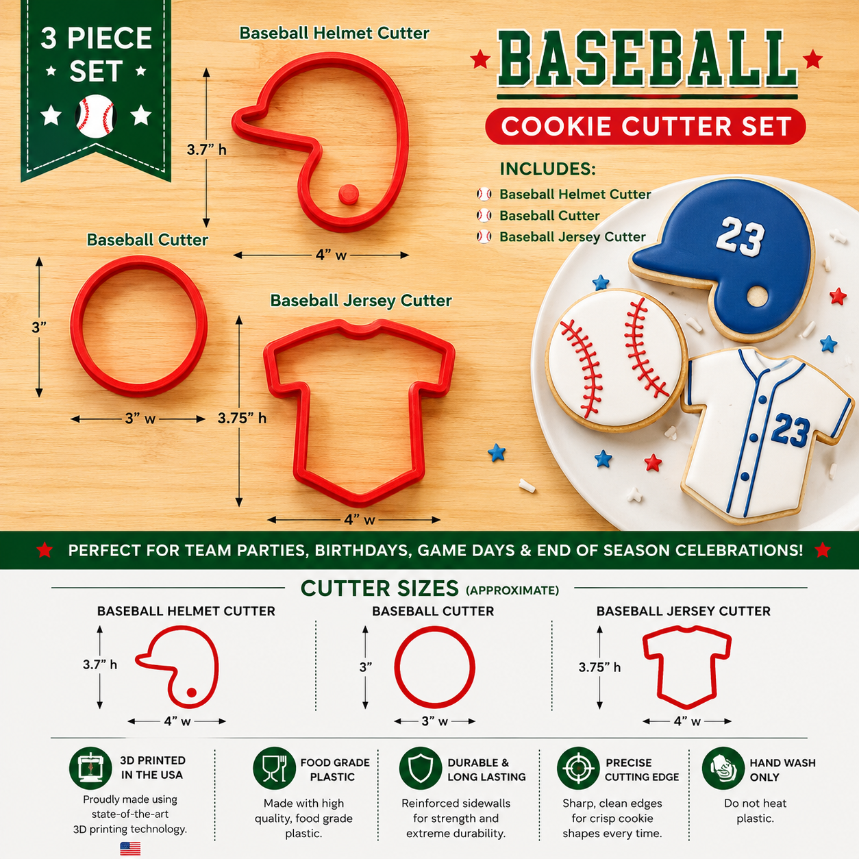 Baseball Cookie Cutter Set Highlights and Dimensions