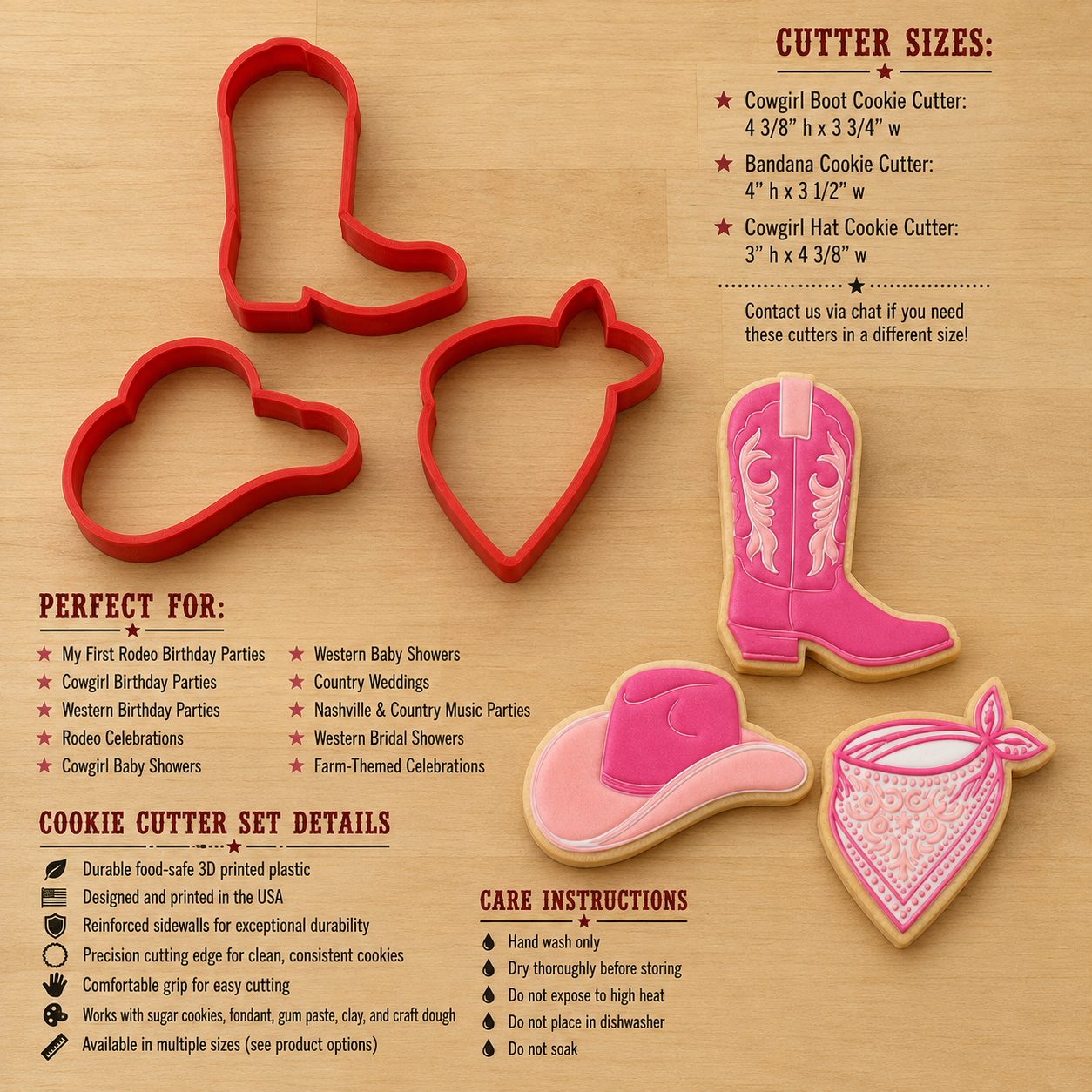 Dimensions and product details for the Cowgirl Cookie Cutter Set