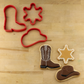 Cowboy Cookie Cutter Set featuring cowboy hat, cowboy boot, sheriff badge and horseshoe cookie cutters made from durable food-safe 3D printed plastic.