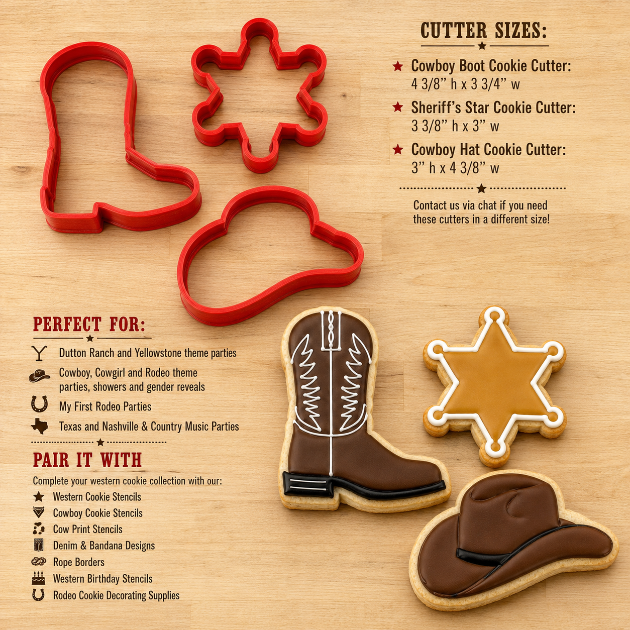 Dimensions, product details and decorating ideas for the cowboy cookie cutter set!