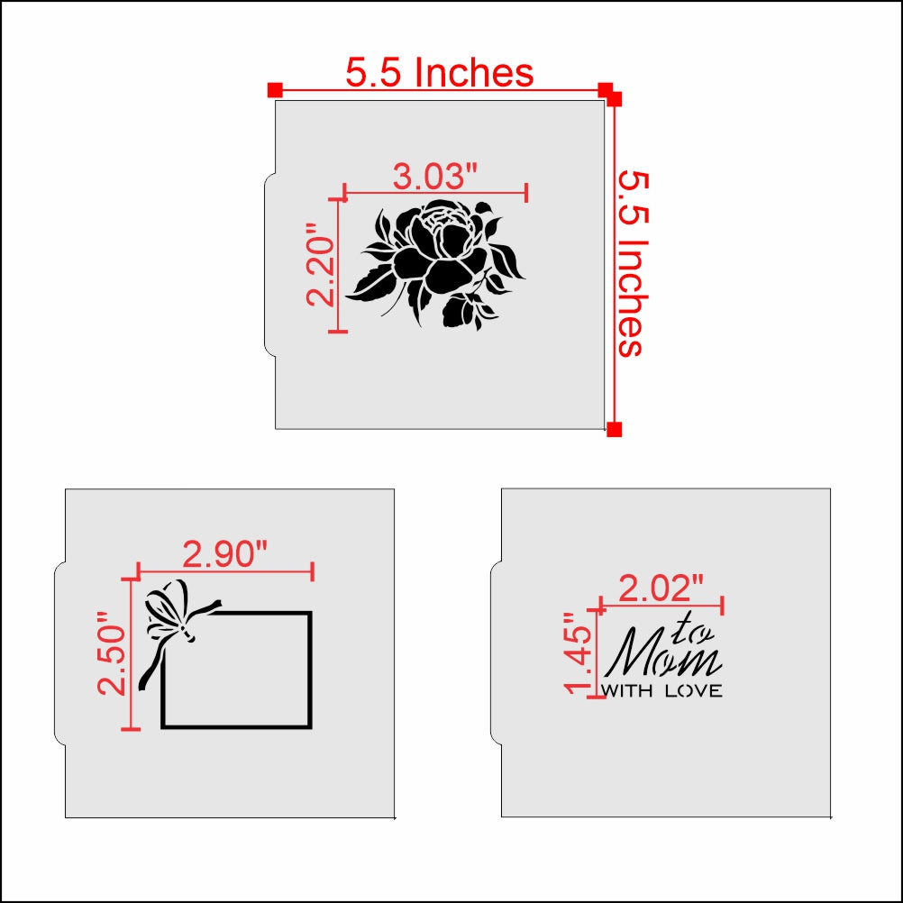 Measurements for To Mom With Love Cookie Stencil Bundle