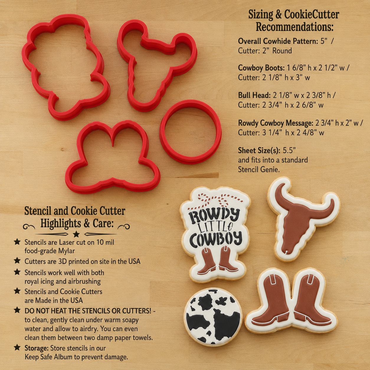 Dimensions and product details for the Cowboy Birthday Party Cookie Stencil and Cutter set.