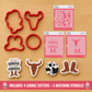 A set of 3D PRINTED cookie cutters and three matching cookie stencils displayed on a light wood background, with sample decorated cookies showing the western cowgirl and cowboy boot designs. A pink banner at the bottom reads 'INCLUDES 4 COOKIE CUTTERS + 3 MATCHING STENCILS!'.