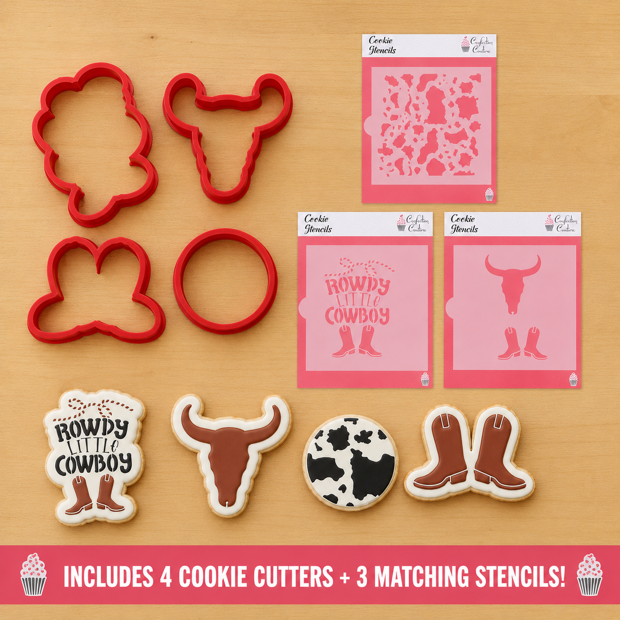 A set of 3D PRINTED cookie cutters and three matching cookie stencils displayed on a light wood background, with sample decorated cookies showing the western cowgirl and cowboy boot designs. A pink banner at the bottom reads 'INCLUDES 4 COOKIE CUTTERS + 3 MATCHING STENCILS!'.