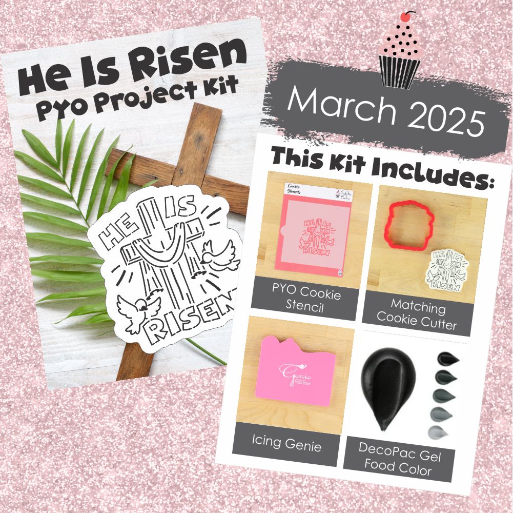 He Is Risen PYO Project Kit featuring stencil, cookie cutter, icing genie, and gel food color for Easter cookie decorating.