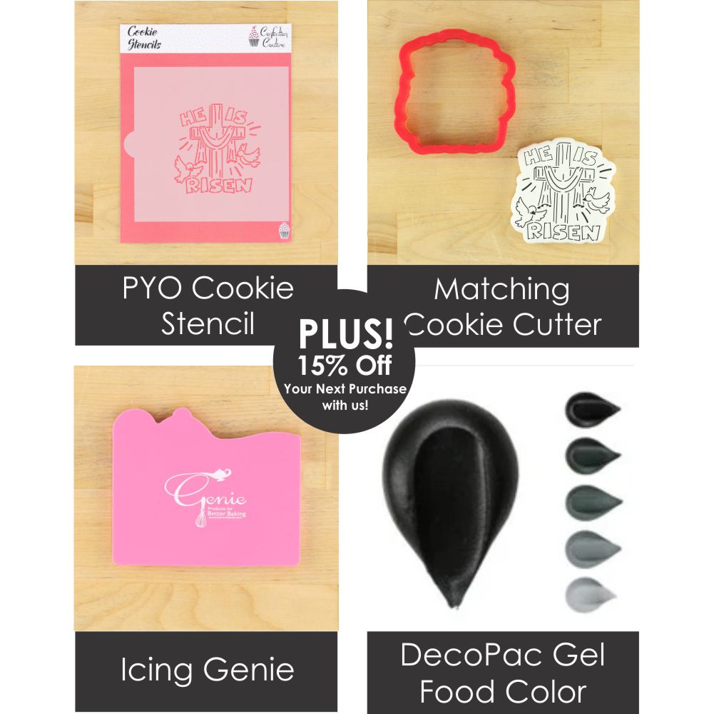 He Is Risen PYO stencil kit for painting Easter cookies, includes stencil, cookie cutter, gel food colors, and Icing Genie.