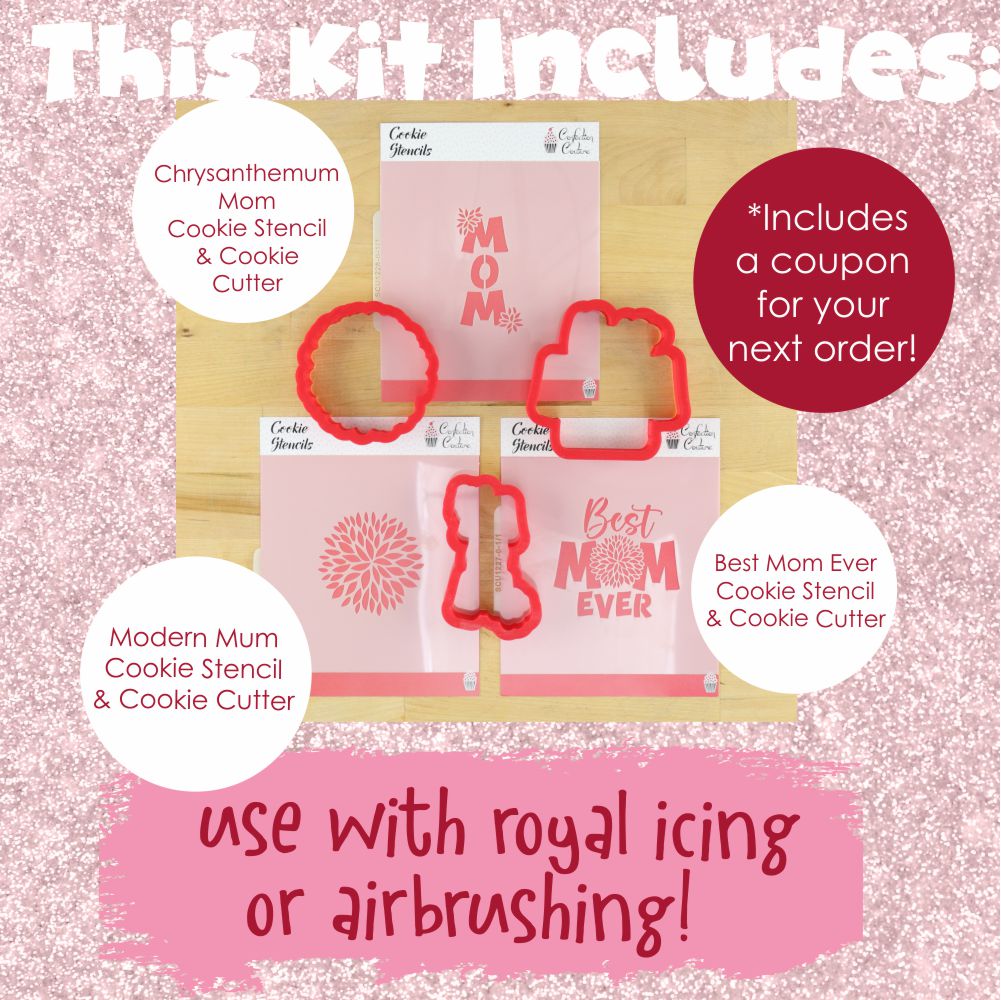 ChrysantheMOM Project Kit with cookie stencils and cutters for decorating, perfect for Mother's Day treats.