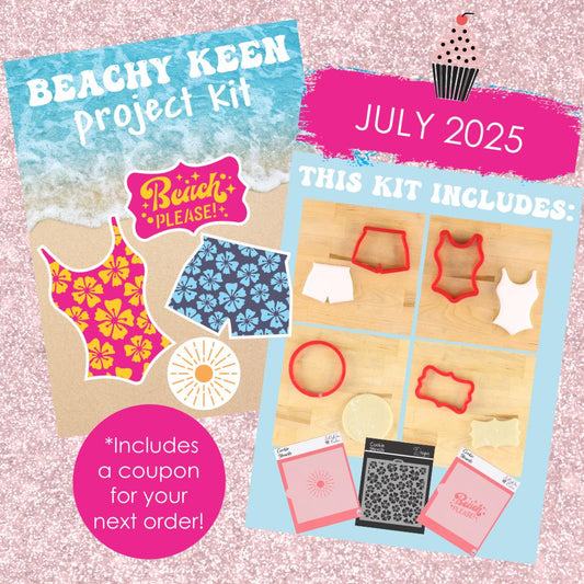 Beachy Keen Project Kit featuring cookie stencils and cutters for beach-themed cookie decorating.