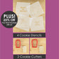 Promotional image of cookie stencils and cutters with text overlay on a purple background.