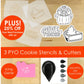 PYO cookie stencils and cutters with promotional text on a wooden surface