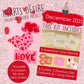 Valentine's Day cookie project kit with stencils, cutters, and colorants on a pink background.
