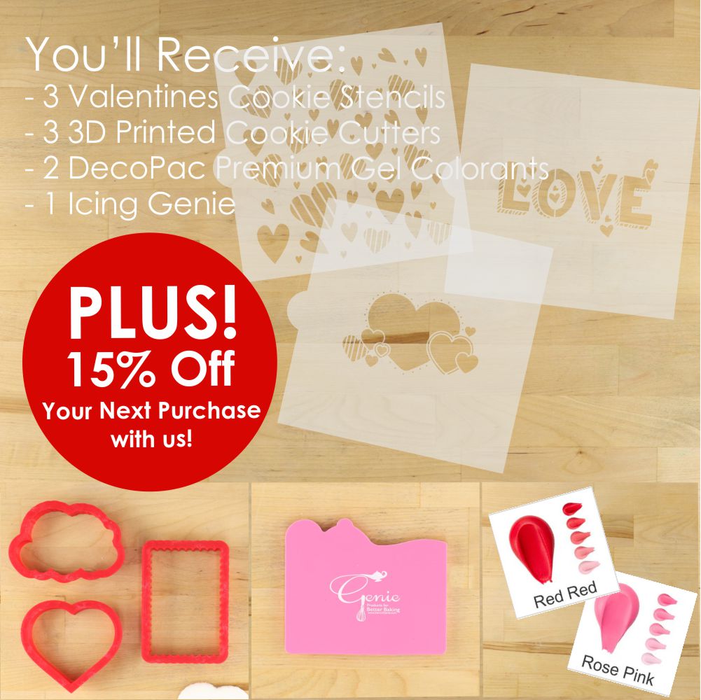 Valentine's Day cookie making kit with stencils, cutters, and colorants on a wooden surface.