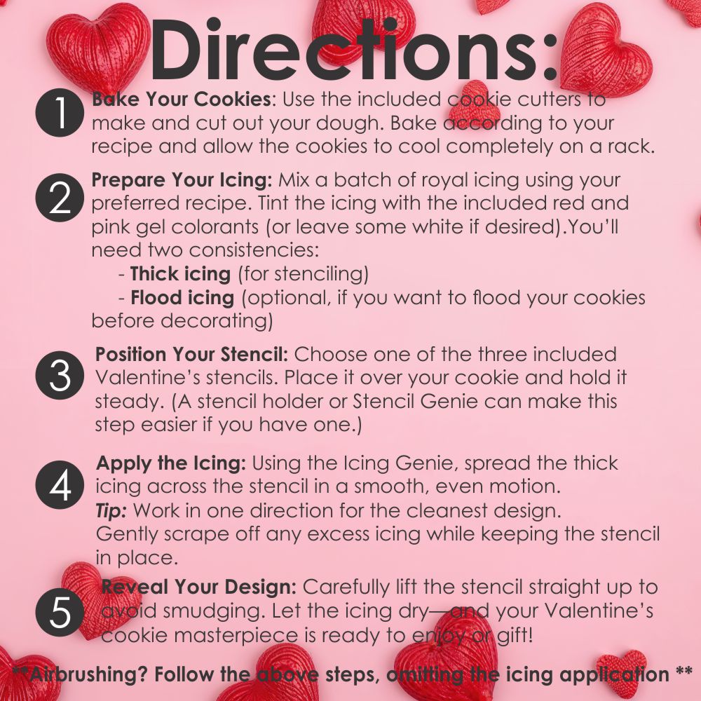 Valentine's Day cookie decorating instructions with heart designs on a pink background
