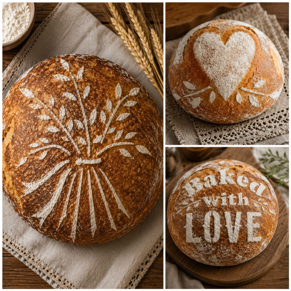 Three images of bread with decorative patterns and 'baked with love' text.