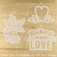 Three decorative stencils with measurements on a wooden surface