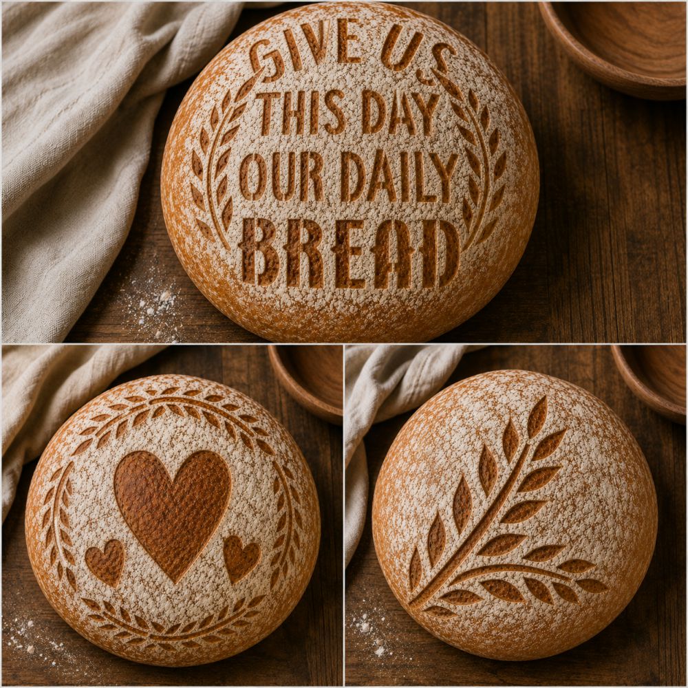Three bread loaves with embossed designs on a wooden surface.