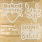 Decorative stencils with text and shapes on a wooden background