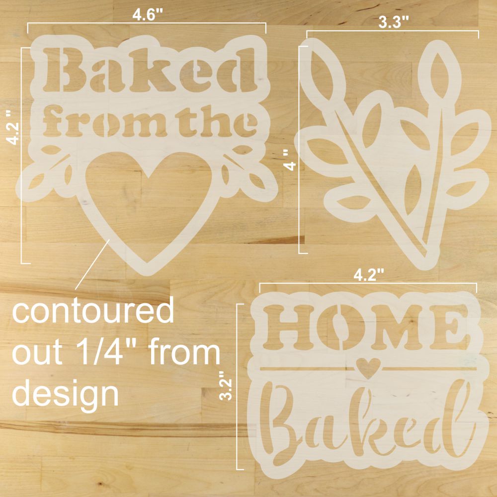 Decorative stencils with text and shapes on a wooden background