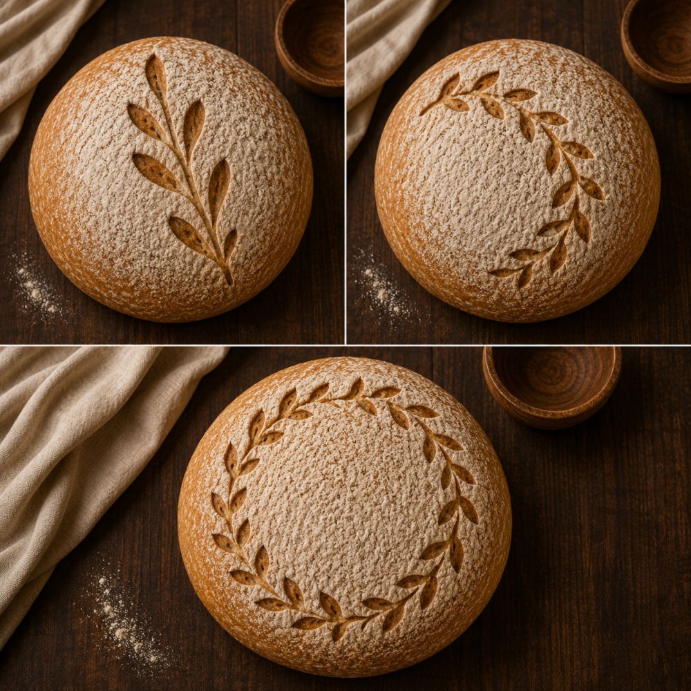 Flour dusted sourdough loaf with laurel wreath bread stencil