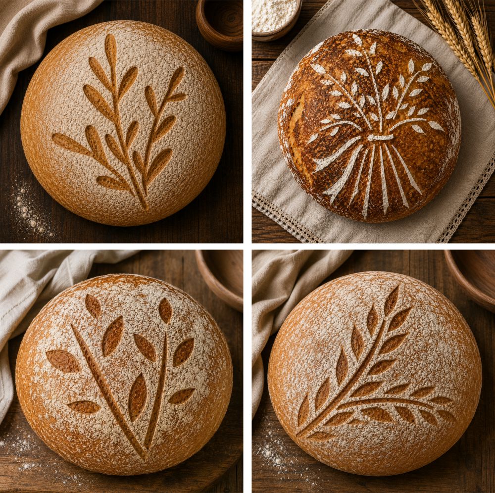 Flour dusted sourdough loaves using wheat stalk bread stencils