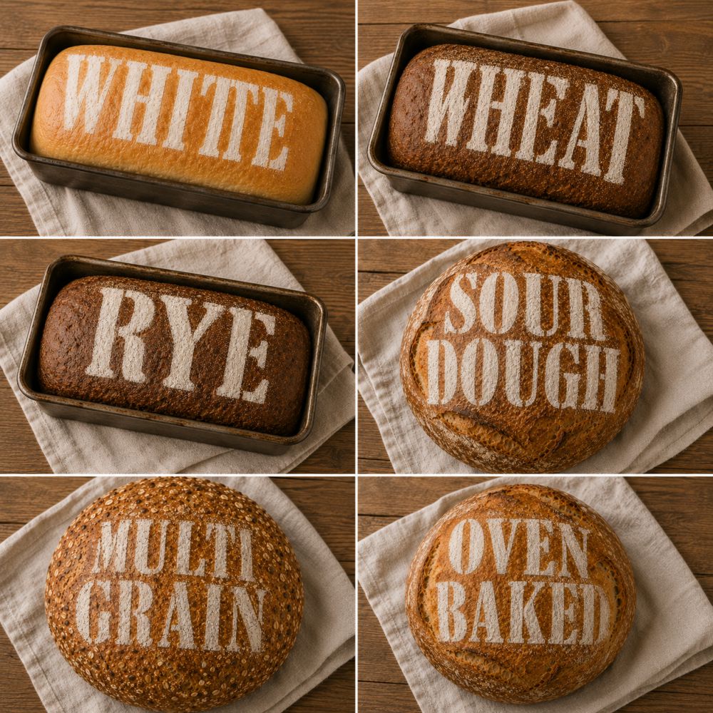 Flour dusted sandwich bread using bread label stencils