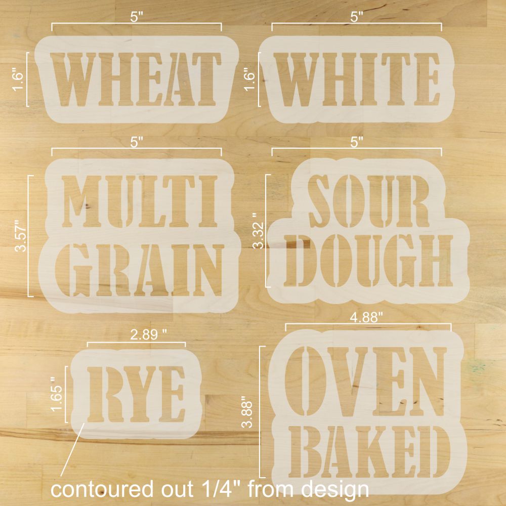 Dimensions for the Reusable artisan bread stencil set for bakery-style loaves