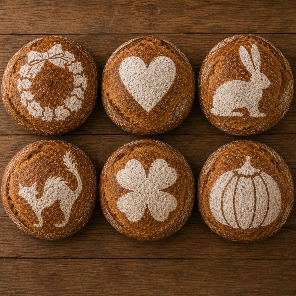 Flour dusted sourdough loaf using seasonal bread stencils