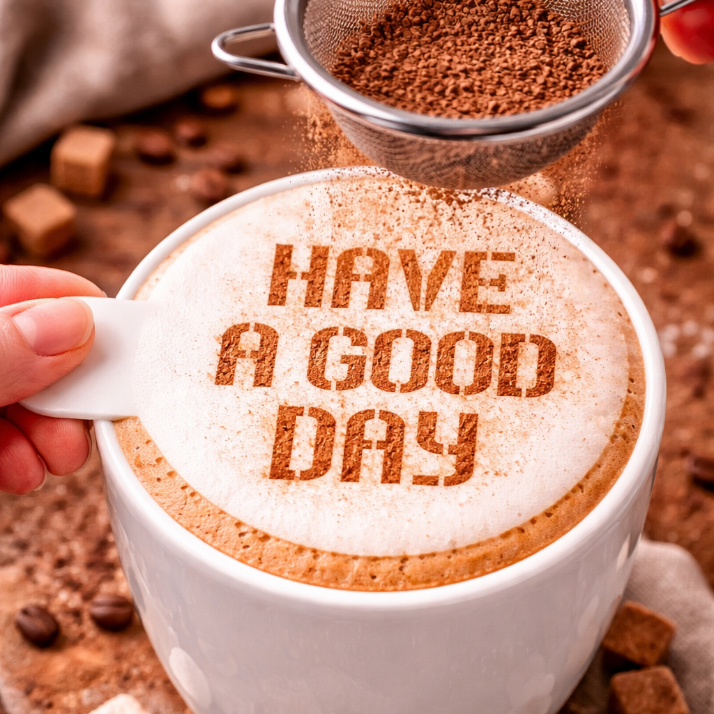 Cup of coffee with 'Have a Good Day' foam art, surrounded by coffee beans and a mesh strainer.