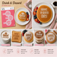 Collage of pancakes with text and stencils for drink and dessert designs.