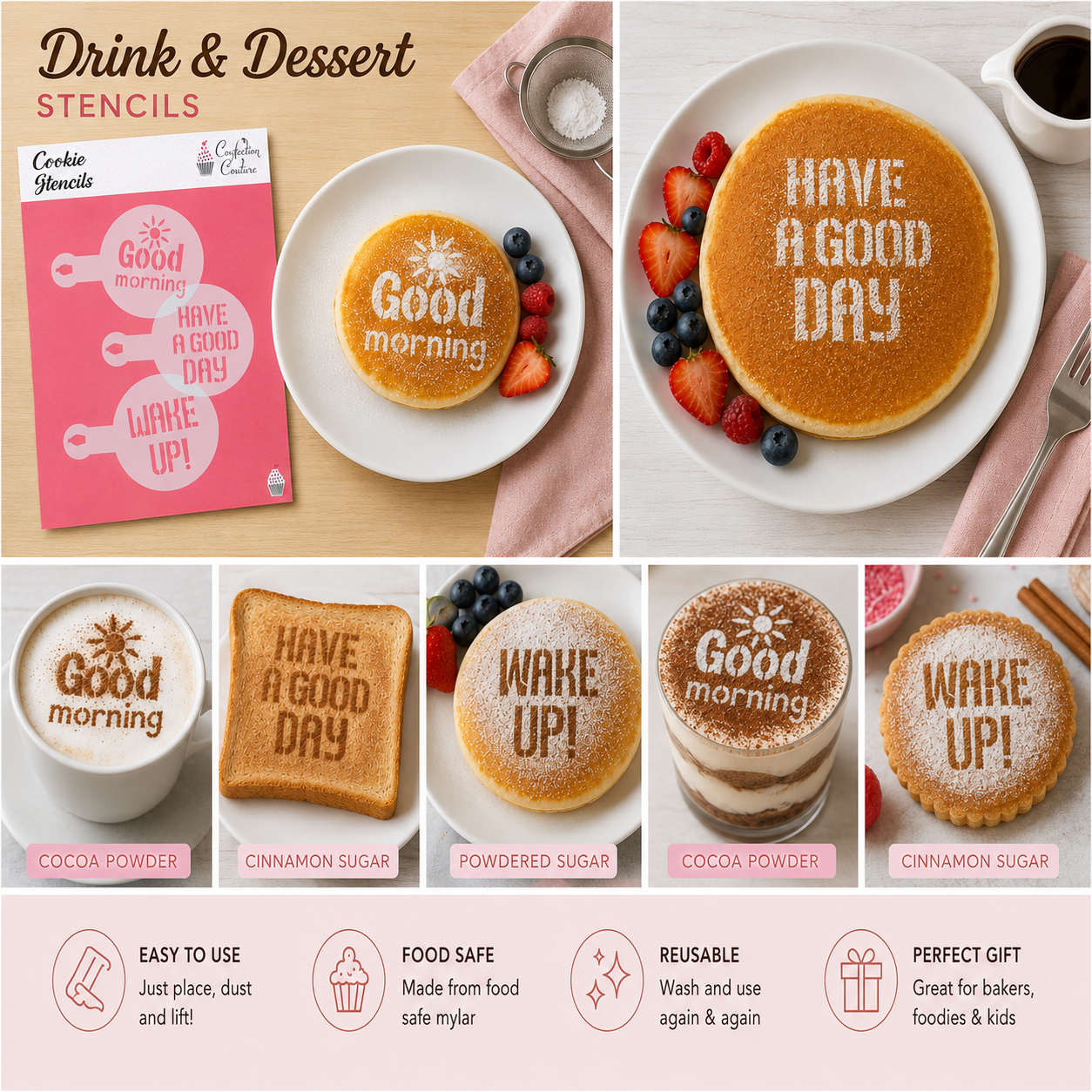 Collage of pancakes with text and stencils for drink and dessert designs.