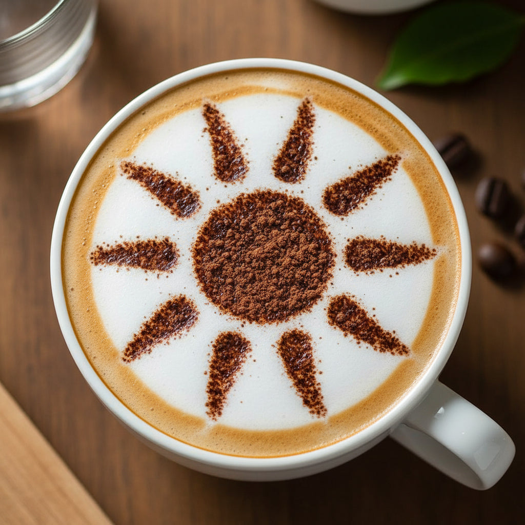 Sun design applied to the top of a coffee drink with cocoa powder