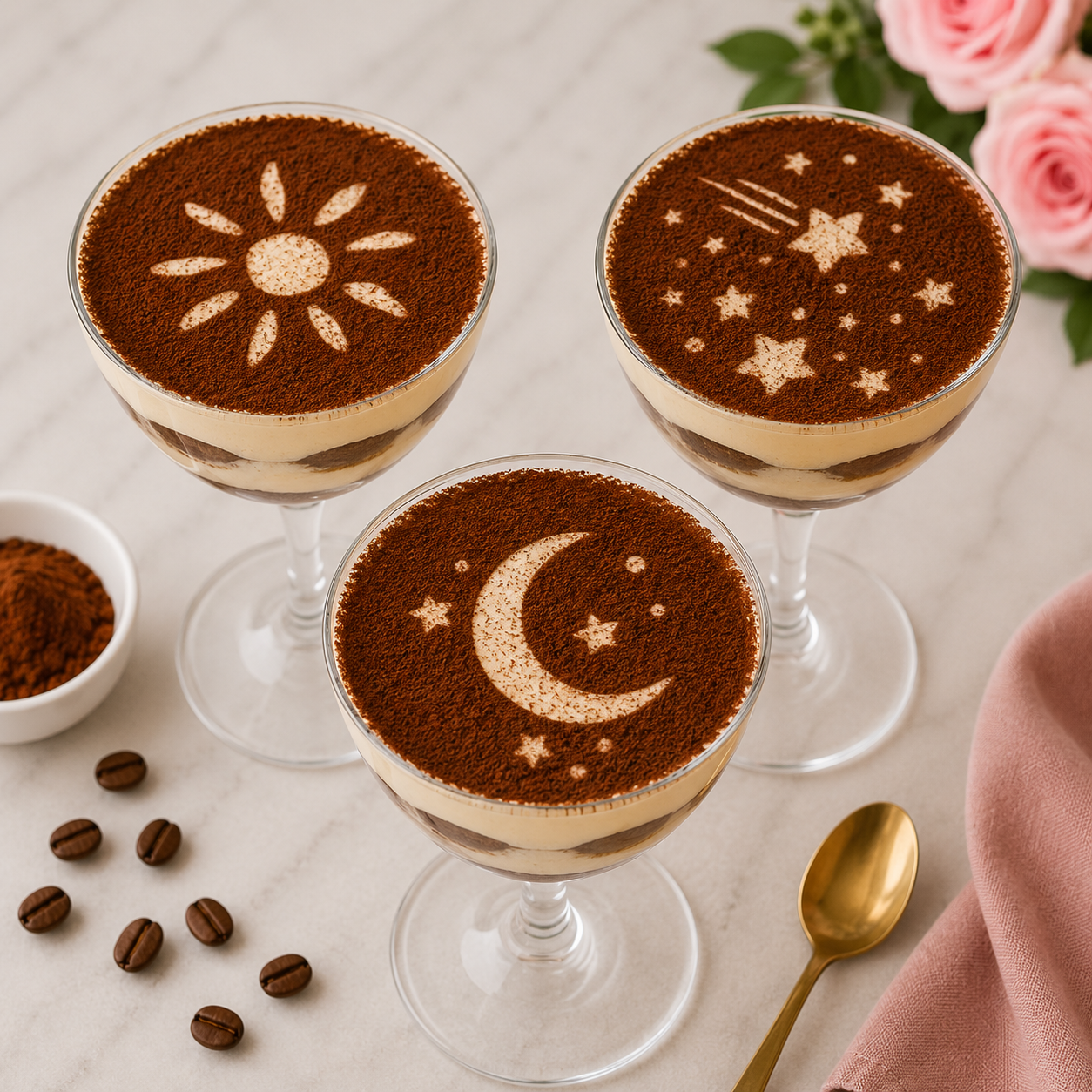 Sun Moon and Stars Dessert Stencil applied to the tops of tiramisu martini glasses.