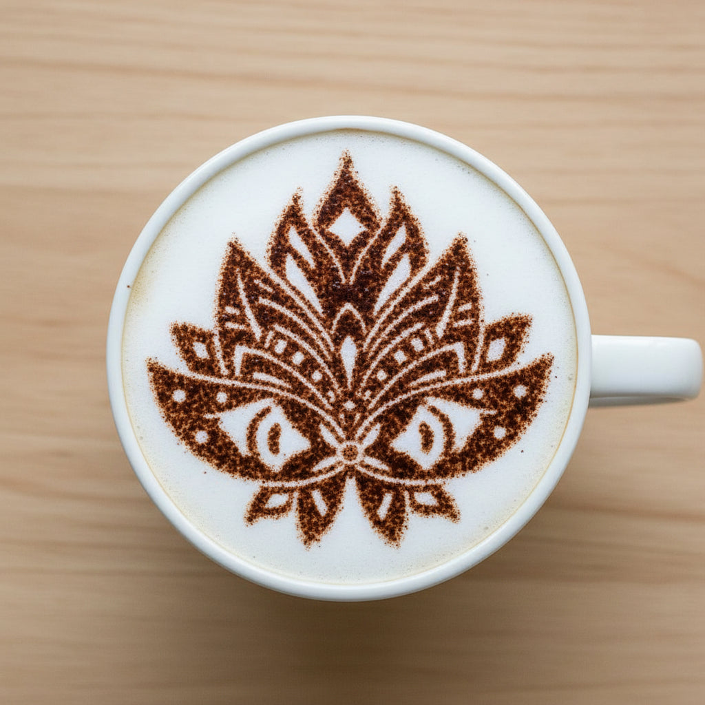 Lotus Flower design applied to coffee with cocoa powder