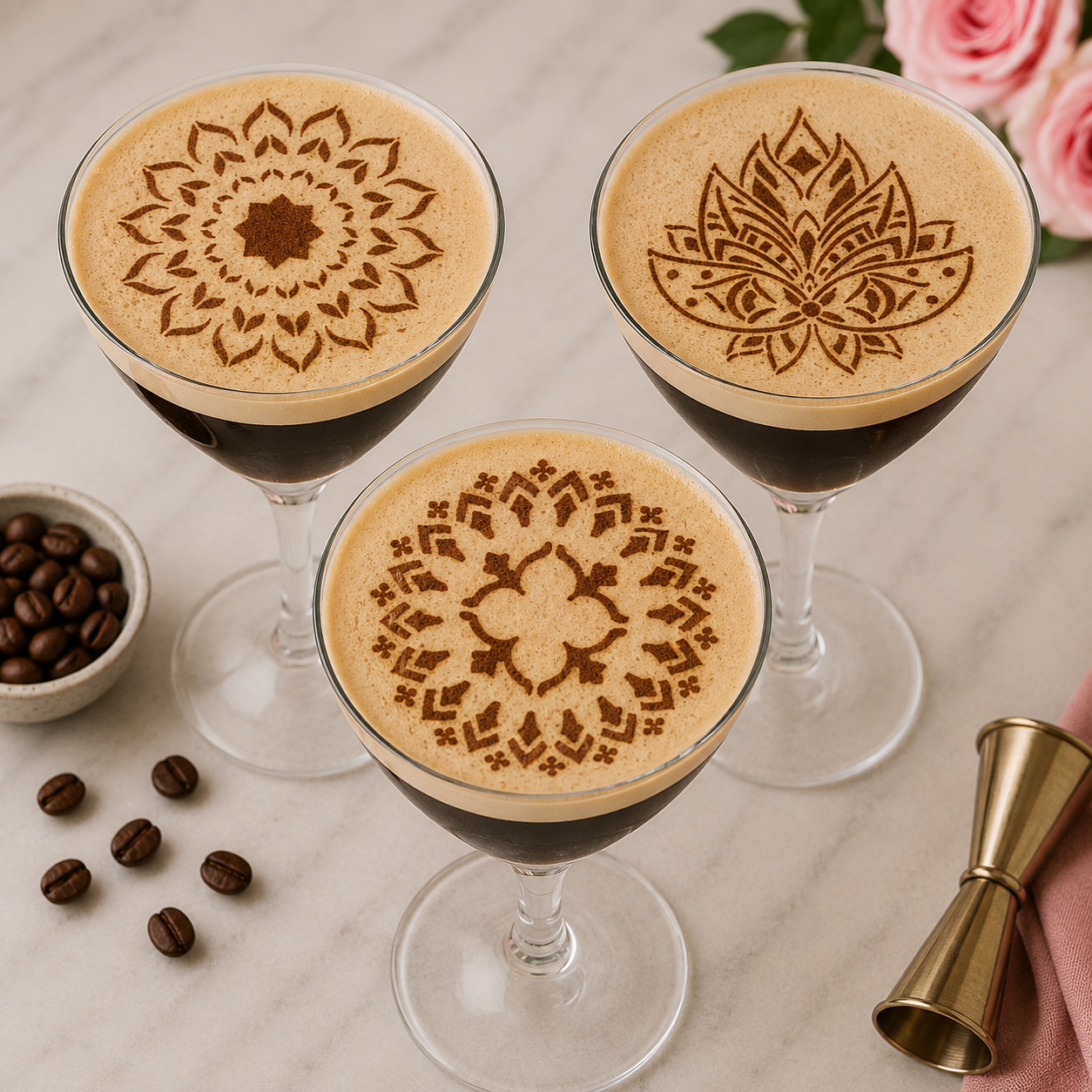 Mandala designs applied to the top of espresso martinis using mandala cocktail stencils