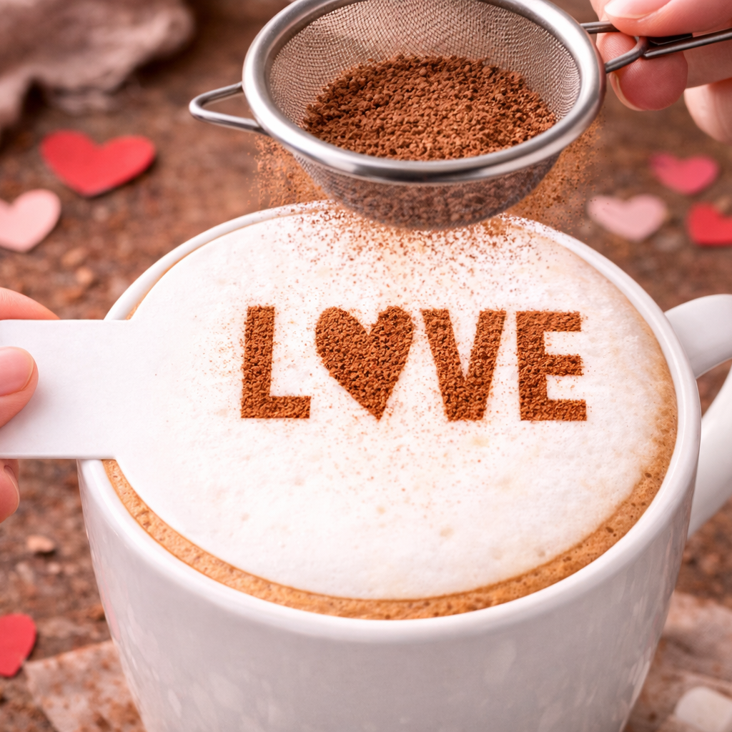 Cappuccino with 'LOVE' foam art being sprinkled with cocoa powder, surrounded by heart-shaped candies.