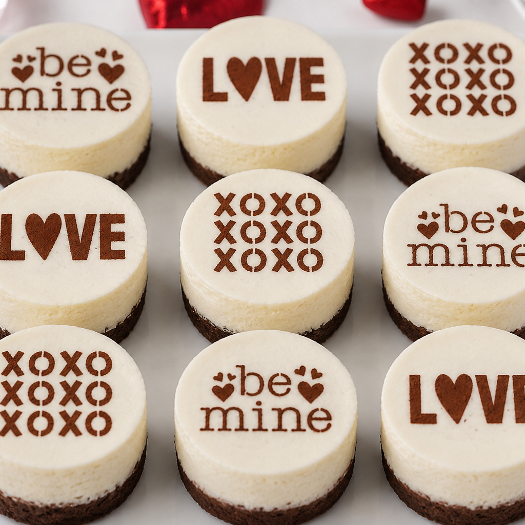 Small round cheese with Valentine's Day text on a white plate.
