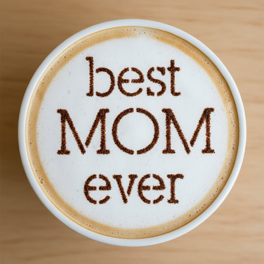 'Best Mom Ever' applied to the top of a coffee with cocoa powder