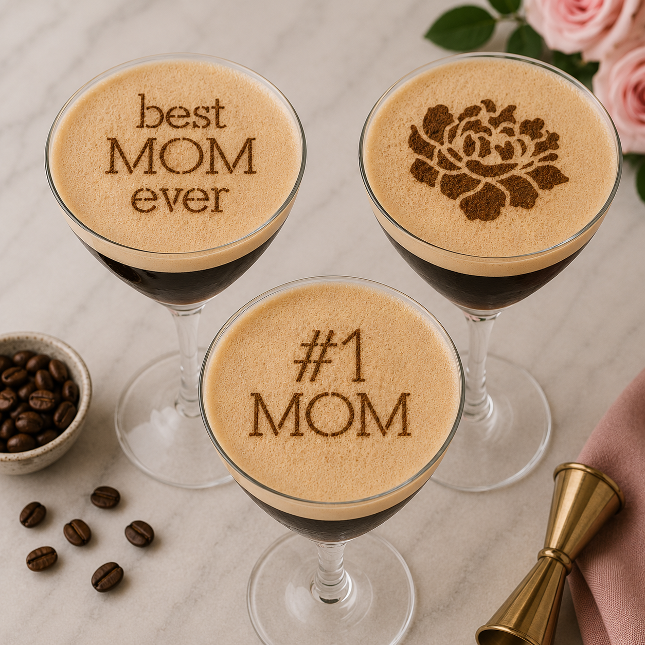 Espresso martinis decorated with the Mother's day Cocktail and Dessert Stencils