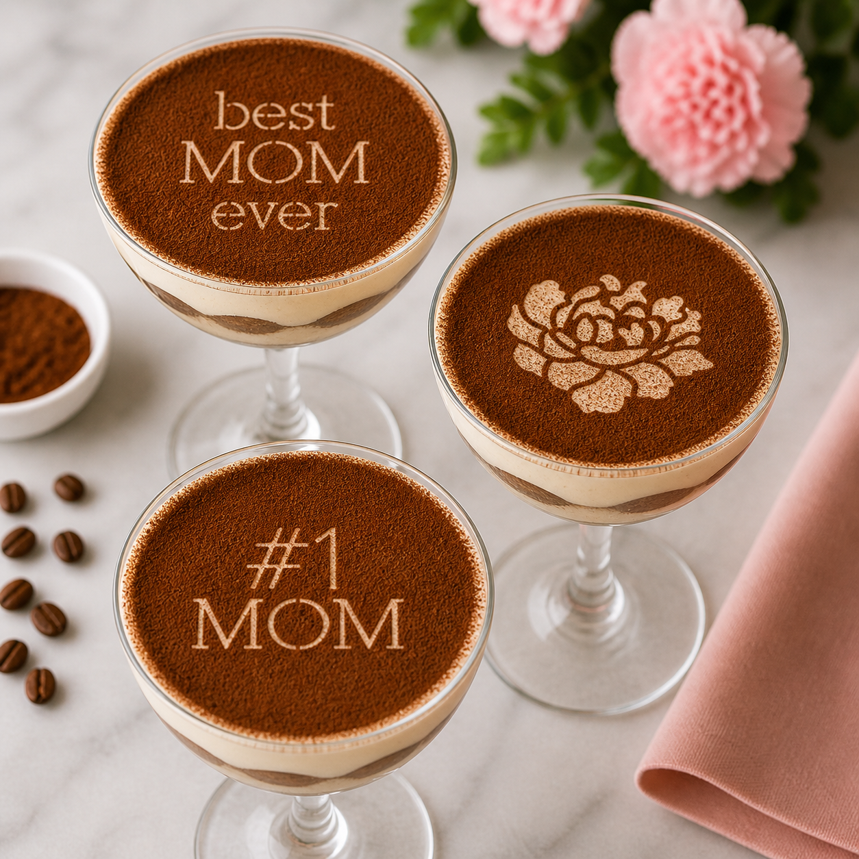 Best Mom ever stenciled onto the tops of tiramisu cups