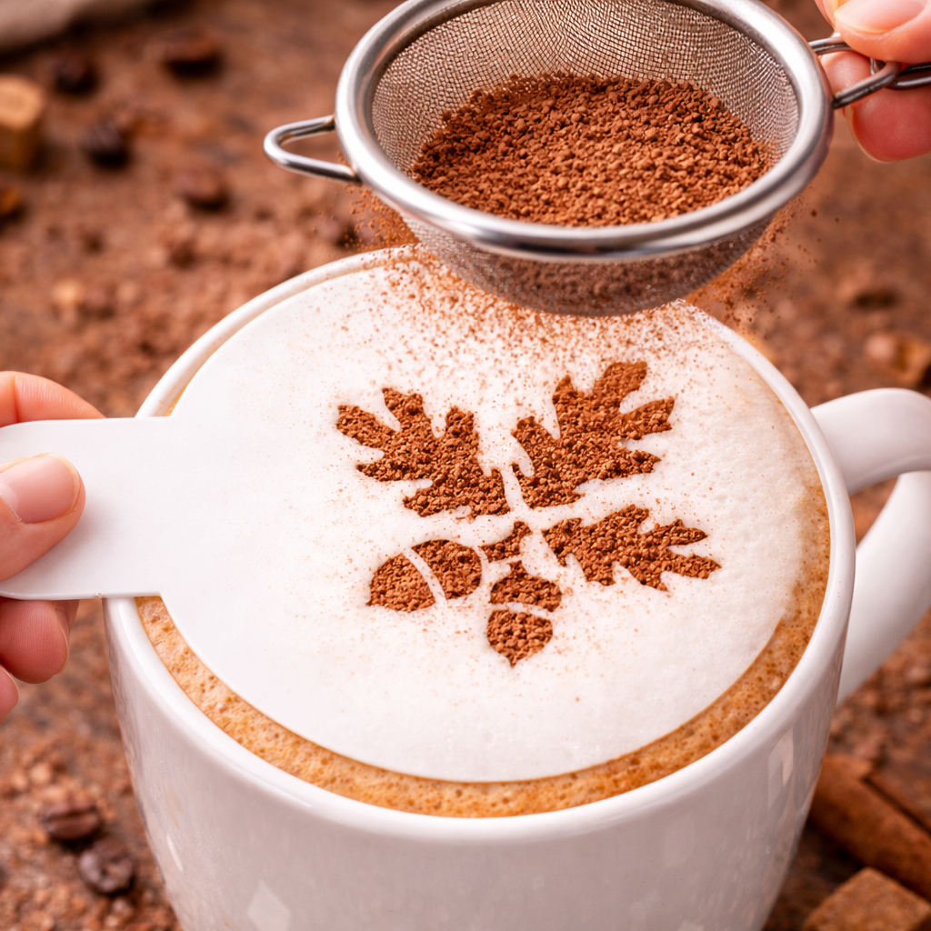 Cappuccino with cinnamon snowflake design being added by a hand using a small sieve.