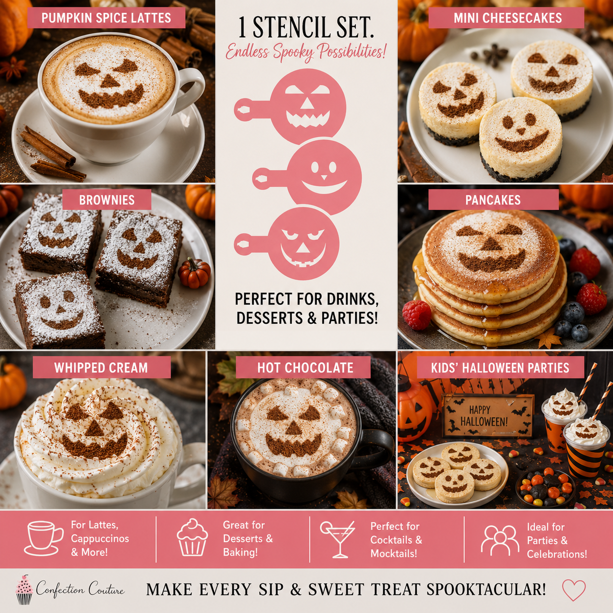 Promotional image for Halloween-themed food and drink decorations with stencils, lattes, cheesecakes, brownies, pancakes, and cookies.