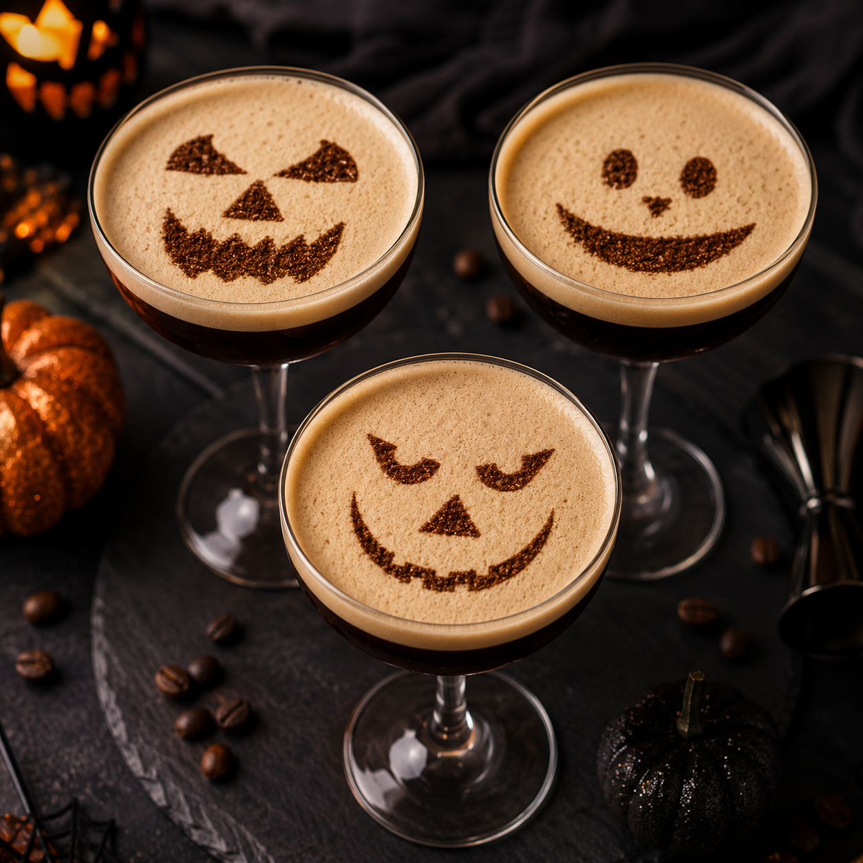 Three espresso martinis with Halloween-themed foam art on a dark surface with pumpkins and coffee beans.
