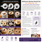 Halloween-themed barista stencils with examples of drinks and desserts decorated using them.