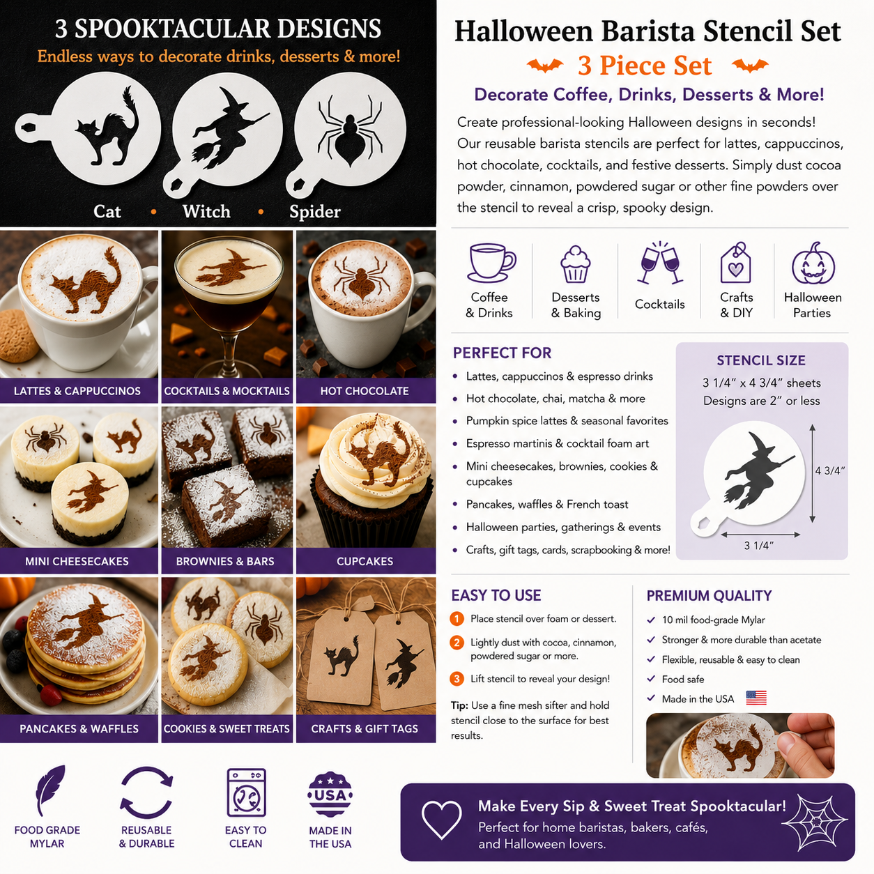 Halloween-themed barista stencils with examples of drinks and desserts decorated using them.