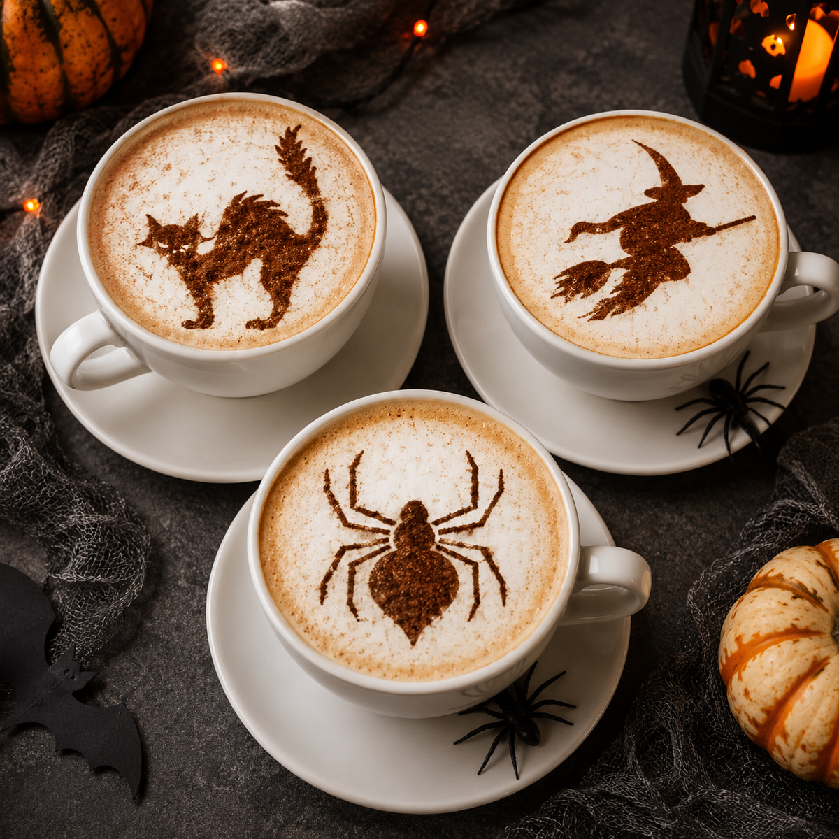 Three Halloween-themed cappuccinos with latte art of a cat, witch, and spider on a dark background.