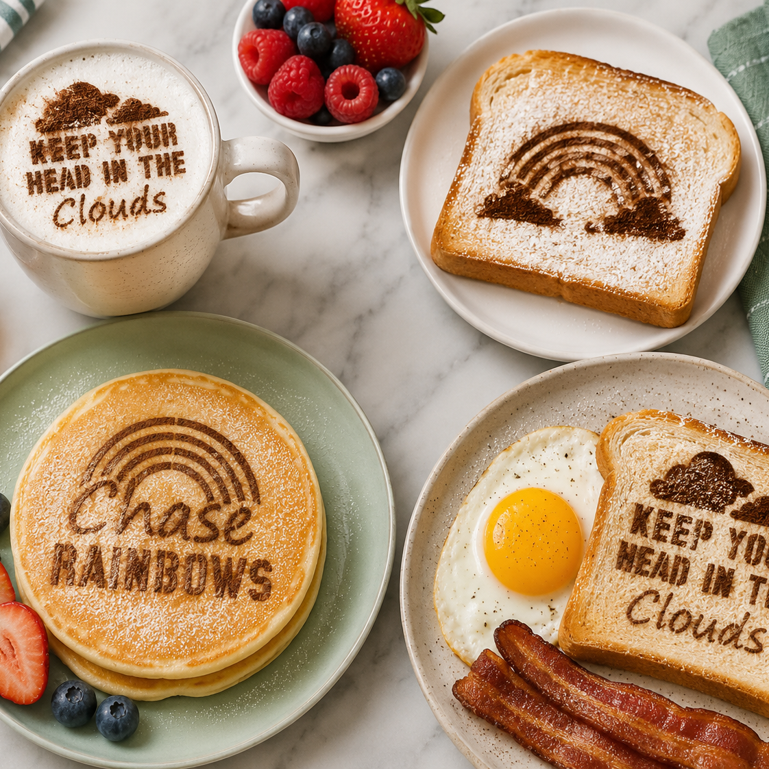 Breakfast setting with toast, pancakes, and eggs featuring motivational text.