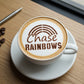 'Chase Rainbows' applied to coffee with cocoa powder 