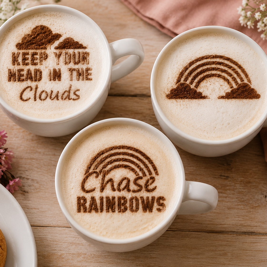 Three coffee cups with latte art designs and text on a wooden surface.