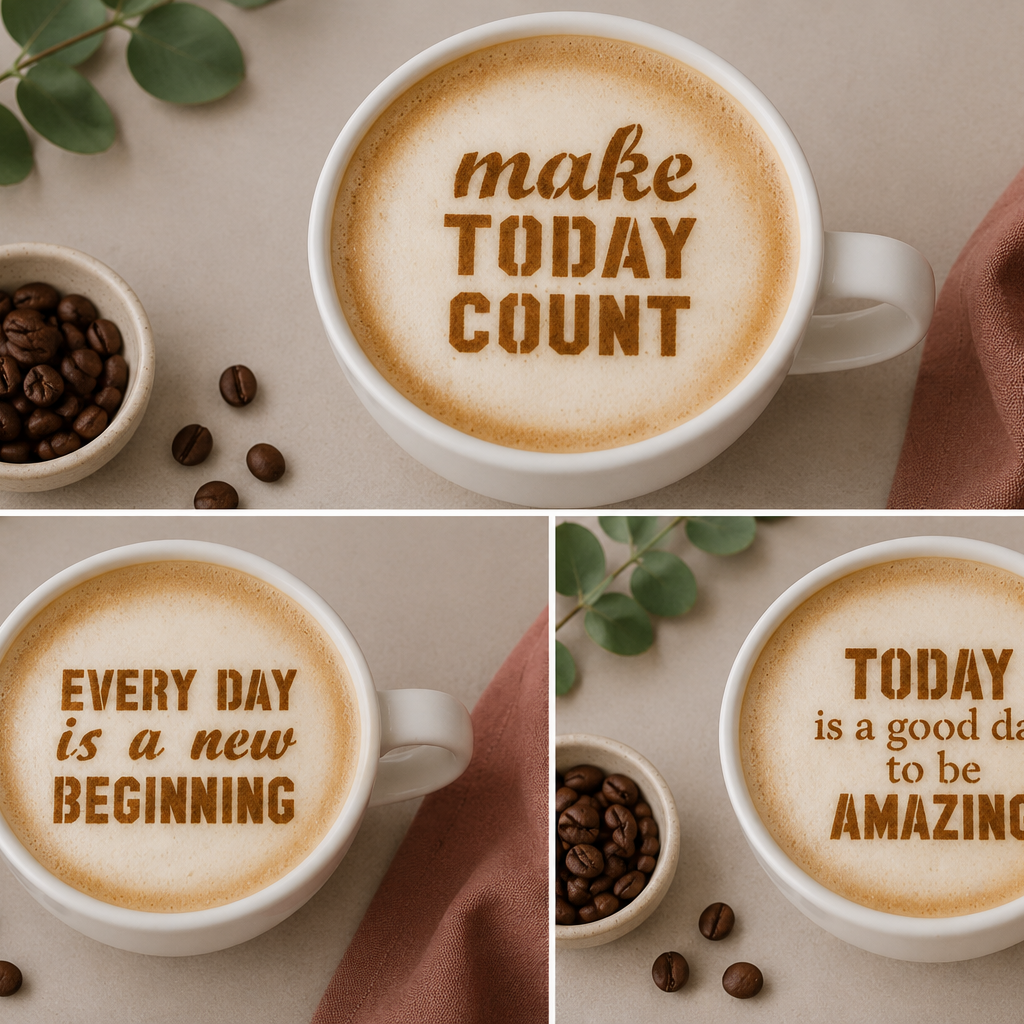 Collage of three coffee cups with motivational text on a beige background with coffee beans and leaves.